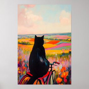 Poster Joli chat noir profitant de la nature avec bicycle