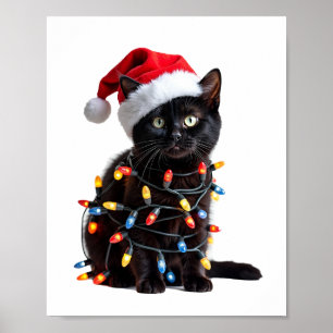 Poster Joli Chat Noir Santa Lumières de Noël Miaou Kitty 