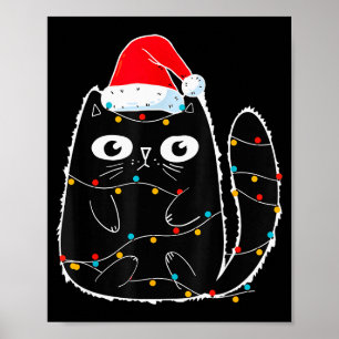 Poster Joli Chat Noir Santa Noël Lumières Miaou Kitty K