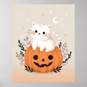 Poster Joli Chaton Assis Sur Citrouille Halloween Moderne