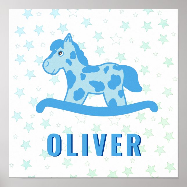 Poster Joli Cheval à Bascule Bleu Étoile Nom Enfants (Devant)