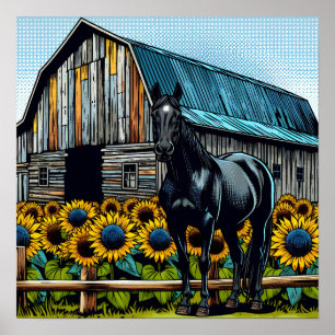 Poster Joli cheval noir et grange rustique avec tournesol