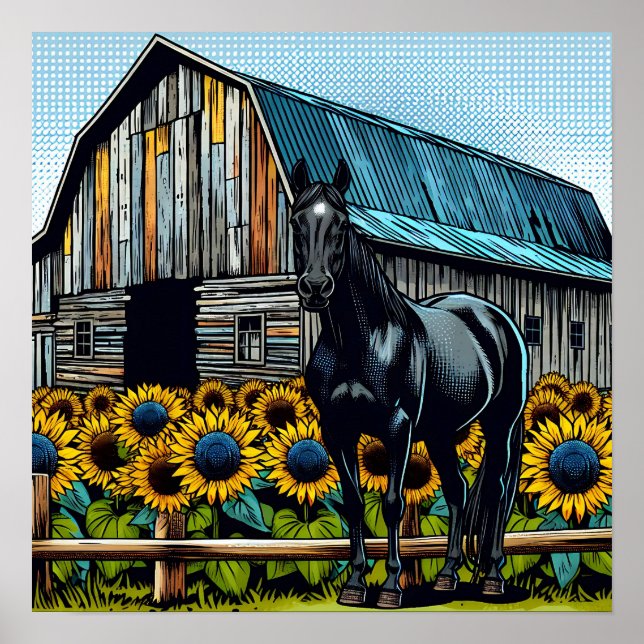 Poster Joli cheval noir et grange rustique avec tournesol (Devant)