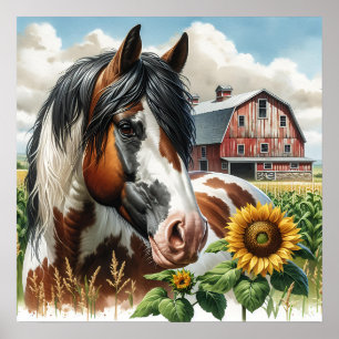 Poster Joli cheval tacheté et grange rustique