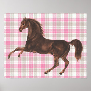 Poster Joli Cheval Vintage illustré sur l'art rose plaid