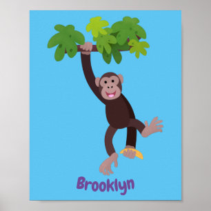 Poster Joli chimpanzé dans la jungle suspendu dessin anim