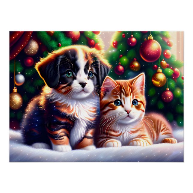 Poster Joli chiot et chat sous l'arbre de Noël (Devant)