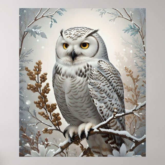 Poster Joli Chouette blanche neige hiver (Devant)