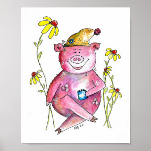 Poster Joli Cochon Fantaisiste Buvant du Café