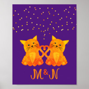 Poster Joli Couple de Chatons Orange Violet Monogramme