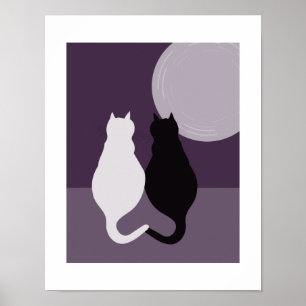Poster Joli couple de chats noir et blanc Nuit bleu-viole