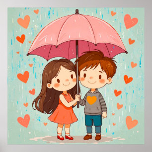 Poster Joli Couple de Dessins Animés Souriant Sous un Par