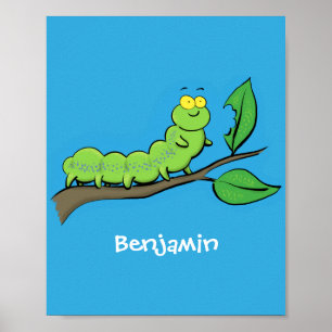 Poster Joli dessin animé de chenille verte mignonne