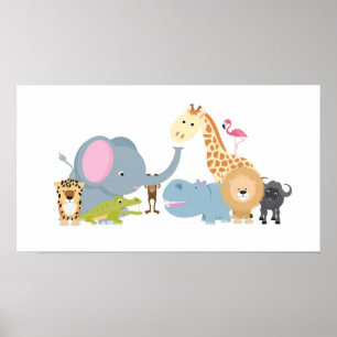 Poster joli dessin animé jeu d'animaux safari jungle