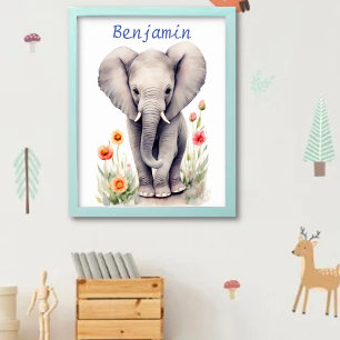 Poster Joli éléphant bébé pastel aquarelle fleur de print