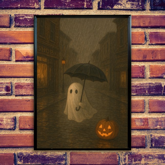 Poster Joli Fantôme avec Parapluie | Sombre Académie d'Ha (Cute ghost in the rain, spooky halloween scene, umbrella, dark academis design, jack o lantern.)