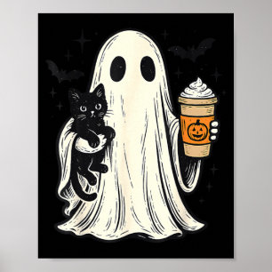 Poster Joli fantôme d'Halloween tenant un chat noir Café 