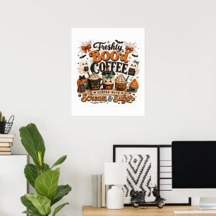 Poster Joli Fantôme Effrayant Amateur de Café Halloween