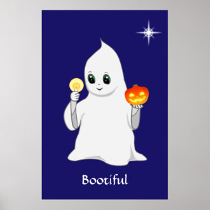 Poster Joli fantôme et citrouille d'Halloween sur fond bl