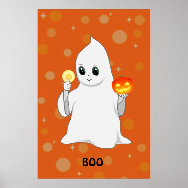 Poster Joli fantôme et citrouille d'Halloween sur fond or (Devant)