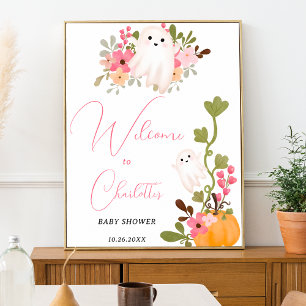 Poster Joli fantôme fleuri citrouille baby shower d'accue