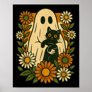 Poster Joli fantôme tenant un chat noir floral groovy drô