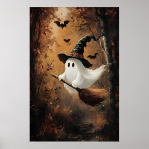 Poster Joli Fantôme Volant Sur Un Balai De Sorcière En Au
