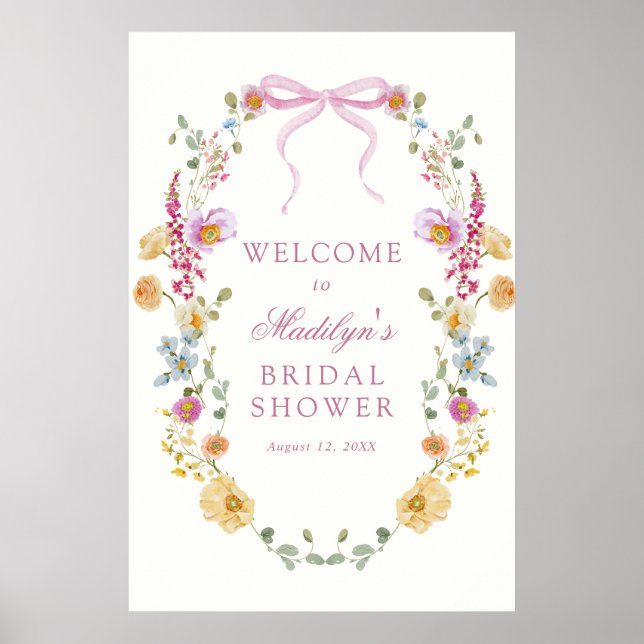 Poster Joli Fleur sauvage Pink Bow Fête des mariées Bienv (Devant)