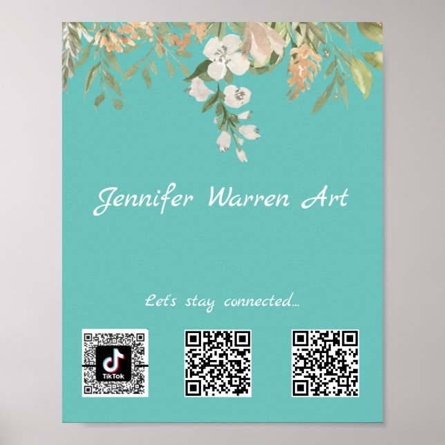 Poster Joli frontière florale des codes QR des médias soc (Devant)