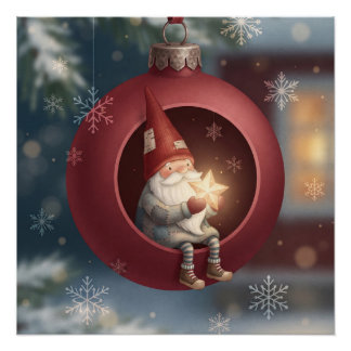 Poster Joli gnome à l'intérieur d'un ornement de Noël rou