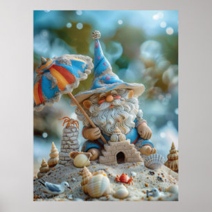 Poster Joli gnome de plage avec parapluie