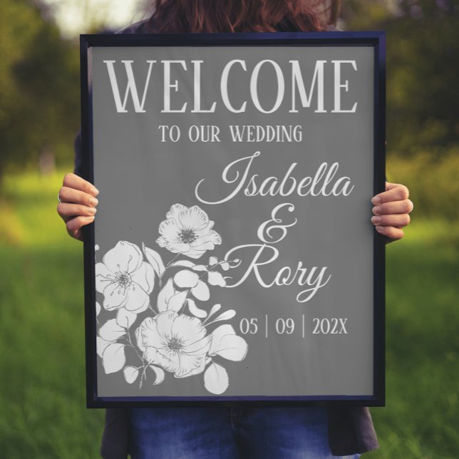 Poster Joli gris et blanc Mariage Floral Bienvenue (Créateur téléchargé)