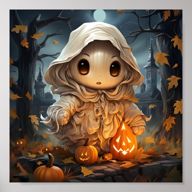 Poster Joli Halloween Petit Fantôme Avec Citrouilles Oran (Devant)