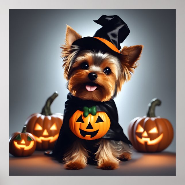 Poster Joli Halloween Yorkshire Terrier Casquette de sorc (Devant)