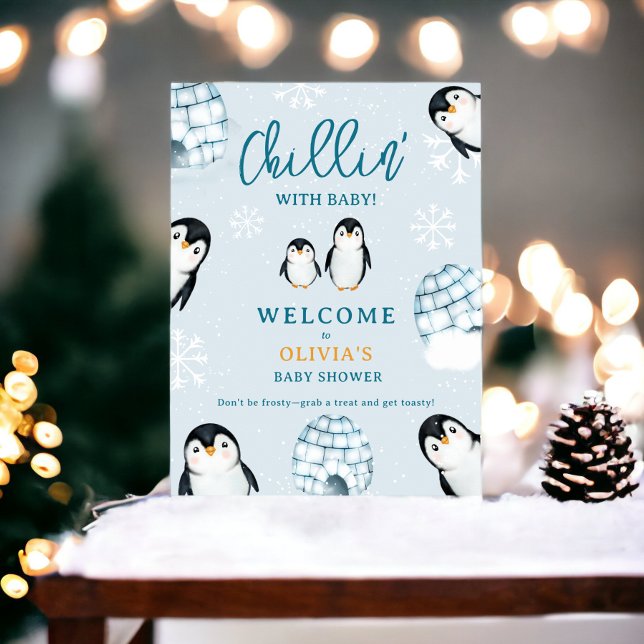 Poster Joli igloos de pingouin d'hiver accueil baby showe (Cute winter penguin igloos welcome baby shower poster)