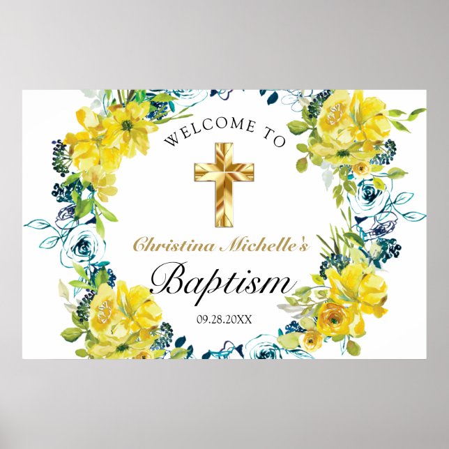 Poster Joli Jaune Floral Gold Cross Baptism Bienvenue (Devant)