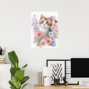 Poster Joli Kitten à l'aquarelle avec des fleurs