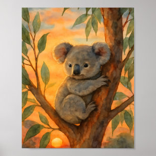 Poster Joli koala aquarelle dans un eucalyptus