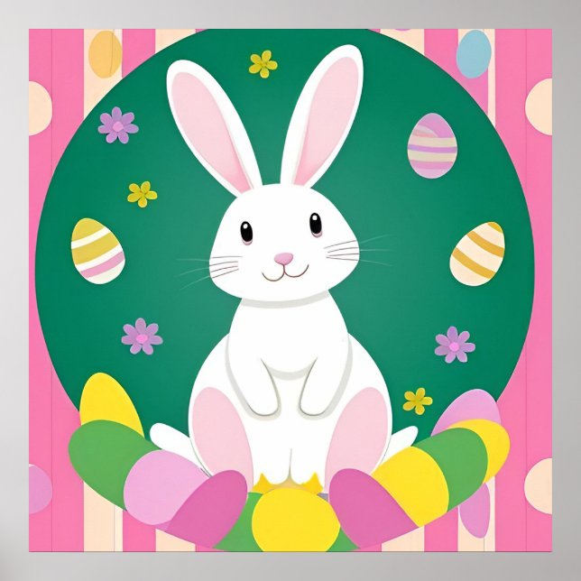 Poster Joli Lapin De Pâques Avec Oeufs Décoratifs (Devant)