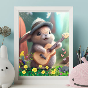 Poster Joli lapin Jouer une guitare dans le jardin des fl