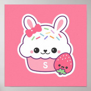 Poster Joli lapin rose Cupcake Monogramme