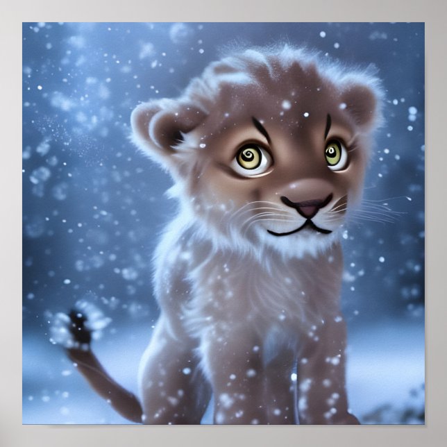 Poster Joli Lionceau dans la Neige (Devant)