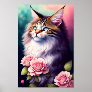 Poster Joli Maine Coon & Fleurs Portrait