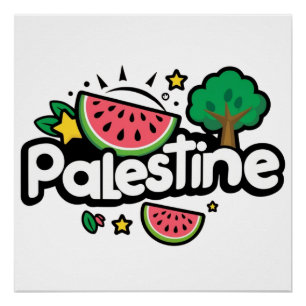 Poster Joli mot Palestine entouré d'un arbre de pastèques