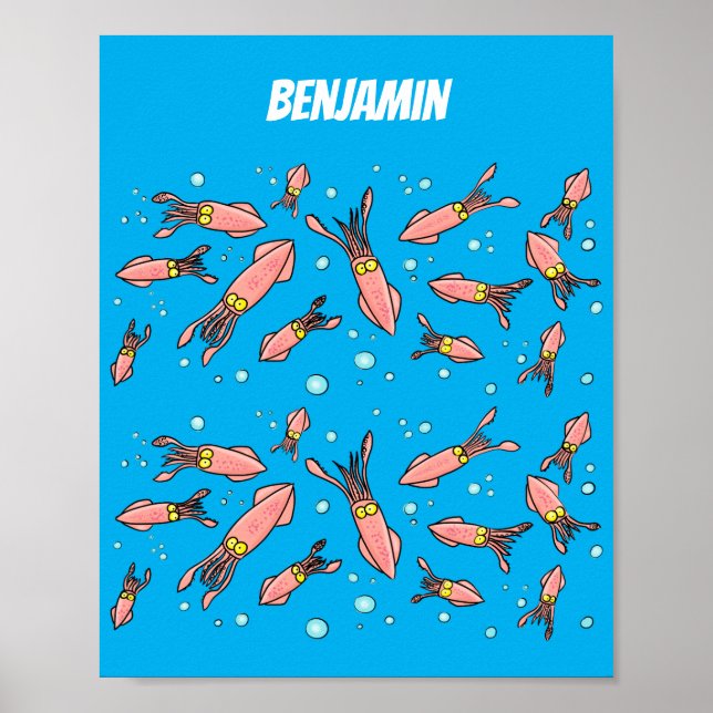 Poster Joli motif caricature de calmar rose (Devant)