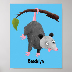 Poster Joli opossum accroché à la branche dessin animé