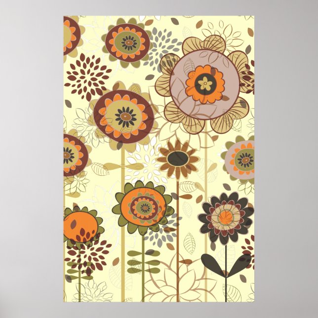 Poster Joli orange rétro, motif floral marron personnalis (Devant)