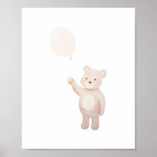 Poster Joli ours en peluche avec ballon aquarelle pour la