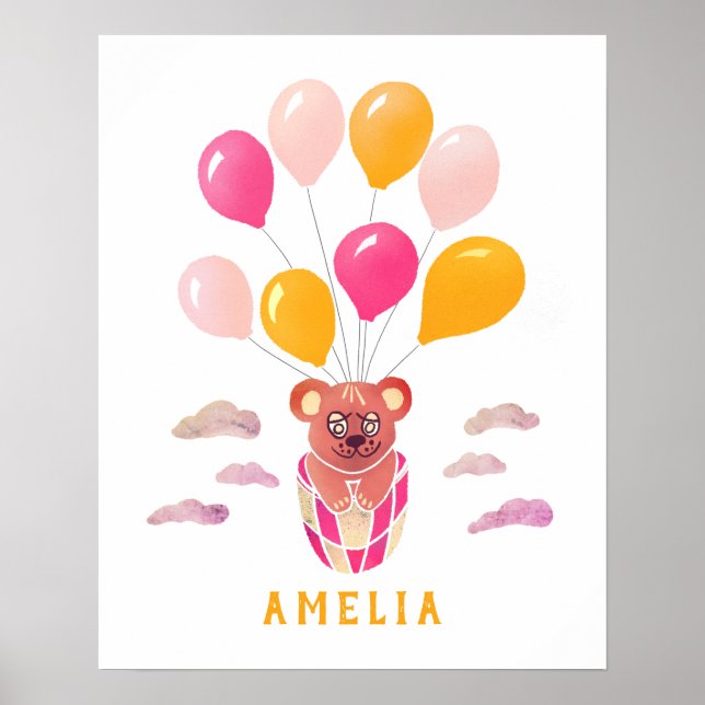 Poster Joli Ours en Peluche Ballons Roses Nom de l'Enfant (Devant)