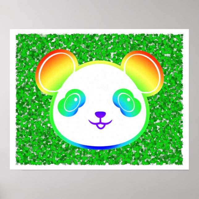 Poster Joli Ours Panda Arc-en-ciel sur Fond de Feuillage (Devant)